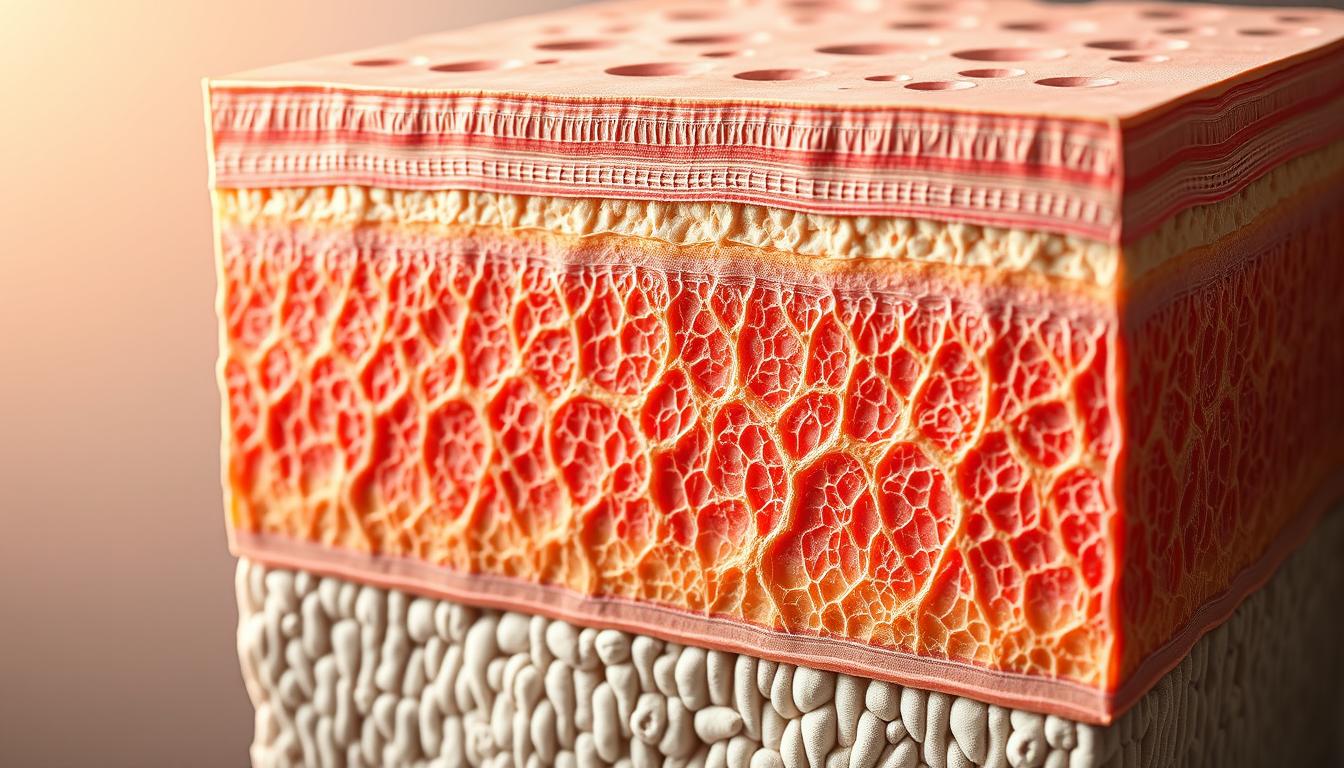 Detailed cross-section of healthy human skin, showcasing the intricate collagen structure that provides firmness and elasticity. Crisp, high-resolution image with a scientific, yet aesthetically pleasing composition. Layered view exposing the epidermis, dermis, and hypodermis, with collagen fibers woven throughout, creating a strong, interconnected matrix. Subtle warm lighting from the side casts gentle shadows, highlighting the three-dimensional nature of the collagen network. Neutral color palette with muted tones, conveying a sense of sophistication and professionalism suitable for a medical or scientific illustration.