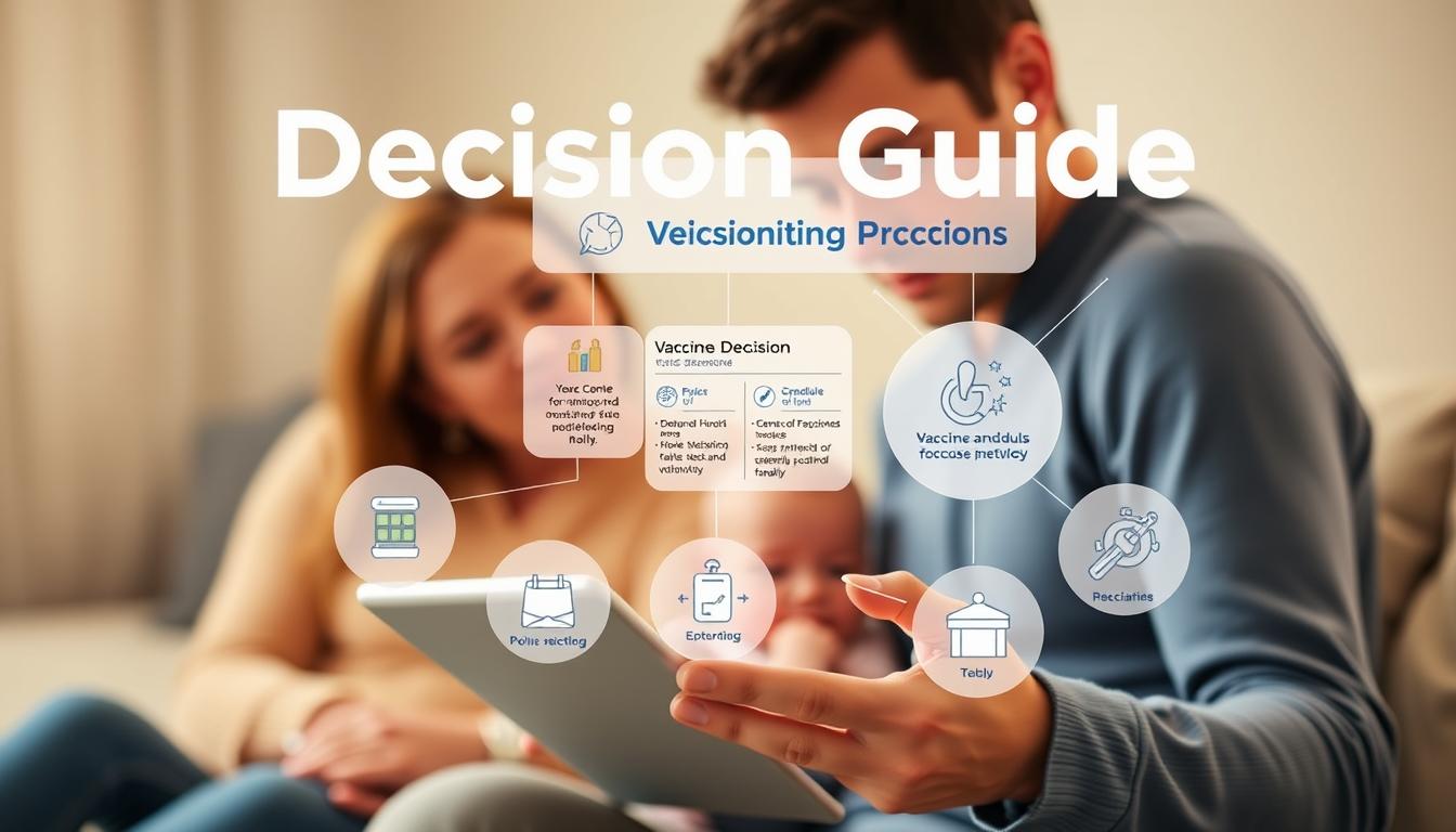 A decision guide for vaccination, set against a softly blurred background of a supportive, nurturing family. In the foreground, a thoughtful parent holds a tablet, reviewing information about vaccine schedules and benefits. Surrounding them, icons and infographics provide clear, visually engaging guidance on the vaccination decision-making process. Subtle warm lighting casts a gentle, reassuring glow, conveying a sense of care and consideration. The overall mood is one of informed, thoughtful decision-making, with the child's wellbeing at the center.