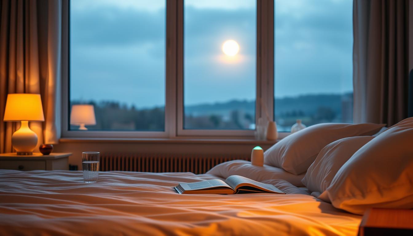 A tranquil bedroom scene with soft, warm lighting illuminating a cozy nightstand setup. In the foreground, a plush, inviting mattress with crisp, white bedding and fluffy pillows. On the nightstand, a glass of water, a book, and a small oil diffuser emitting gentle, soothing aromas. In the background, a large window overlooking a peaceful, moonlit landscape, creating a serene, restful atmosphere. The overall scene conveys a sense of relaxation and effortless sleep.