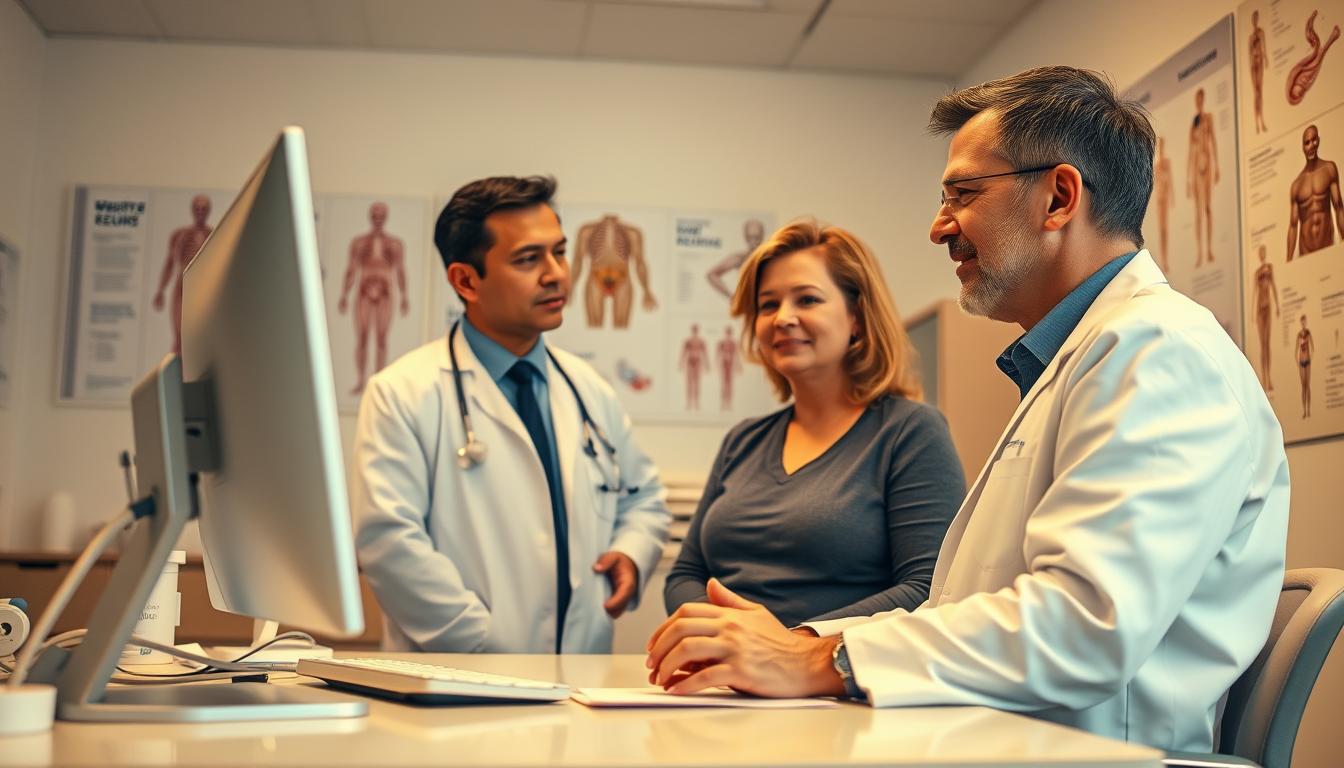 A well-lit medical office interior, with a desk, computer, and medical equipment in the foreground. In the middle ground, a doctor in a white coat is consulting with a middle-aged patient, discussing weight loss options and considerations. The background features anatomical diagrams and illustrations related to health and wellness. The lighting is warm and professional, creating a sense of trust and expertise. The overall mood is one of thoughtful, informed medical guidance.