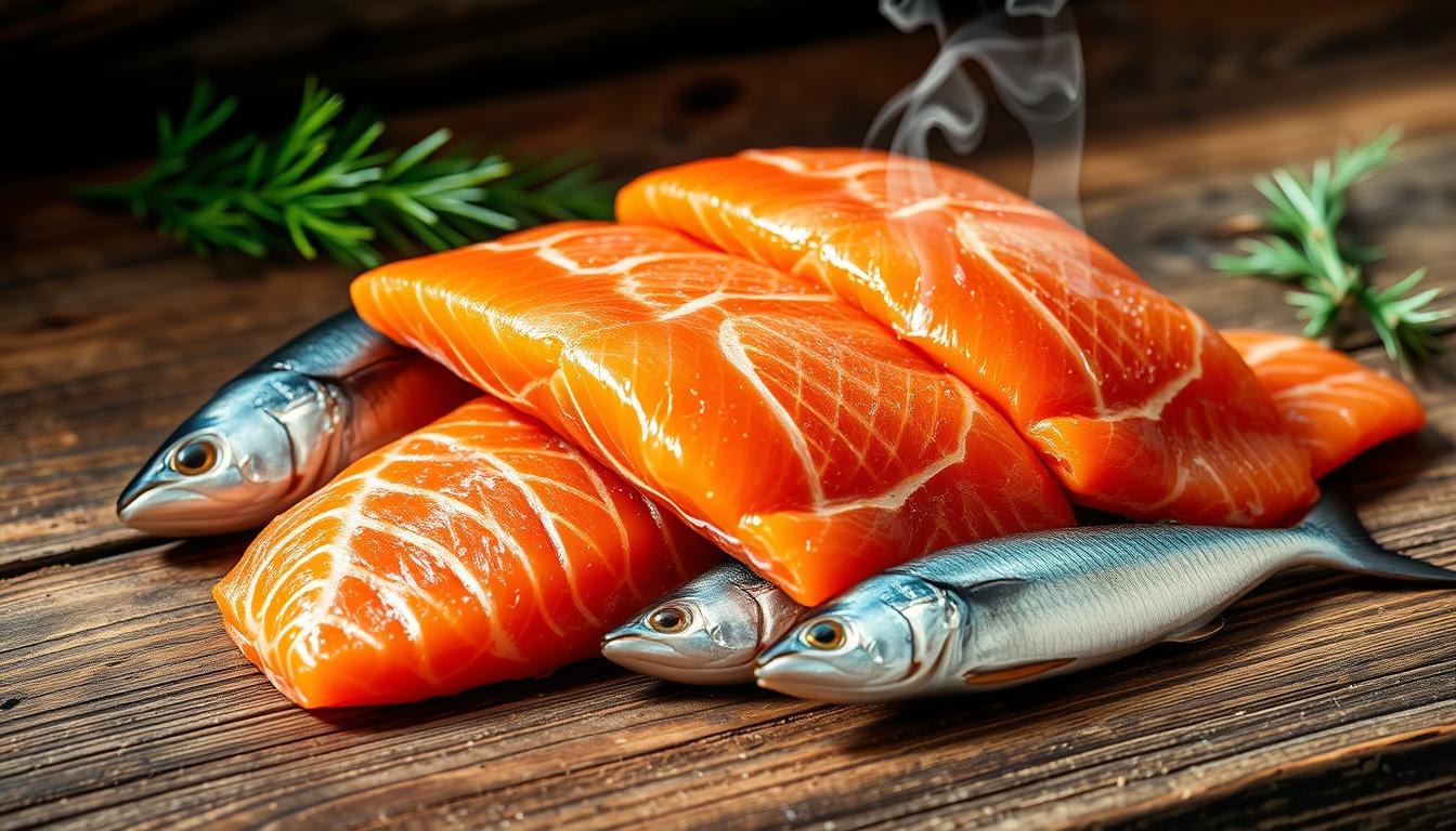 A still life composition of fresh, succulent fatty fish such as salmon, mackerel, or sardines arranged on a rustic wooden table. The fish are glistening with natural oils, their vibrant orange and pink hues contrasting beautifully against the warm, earthy tones of the wood. Delicate tendrils of steam rise from the fish, suggesting their freshness and health benefits. The lighting is soft and natural, casting gentle shadows that accentuate the fish's texture and the table's weathered surface. The overall mood is one of nourishment, wellness, and the bountiful gifts of the sea.