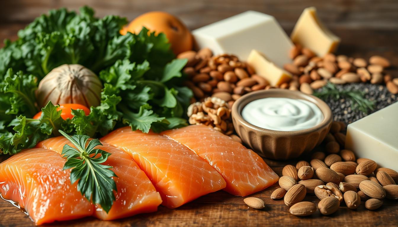 A bountiful still life arrangement featuring an assortment of nutrient-dense foods that support bone health. In the foreground, succulent slices of salmon, glistening with a light sheen, alongside vibrant leafy greens like kale and spinach. In the middle ground, a mix of calcium-rich dairy products, including wedges of cheddar cheese and a small ceramic bowl filled with plain yogurt. The background showcases an array of nuts and seeds, such as almonds, walnuts, and chia, artfully scattered across a rustic wooden table. The lighting is soft and natural, casting a warm, inviting glow over the scene, emphasizing the rich colors and textures of the ingredients. The overall composition exudes a sense of health, vitality, and the nourishing power of a well-balanced, bone-supporting diet.