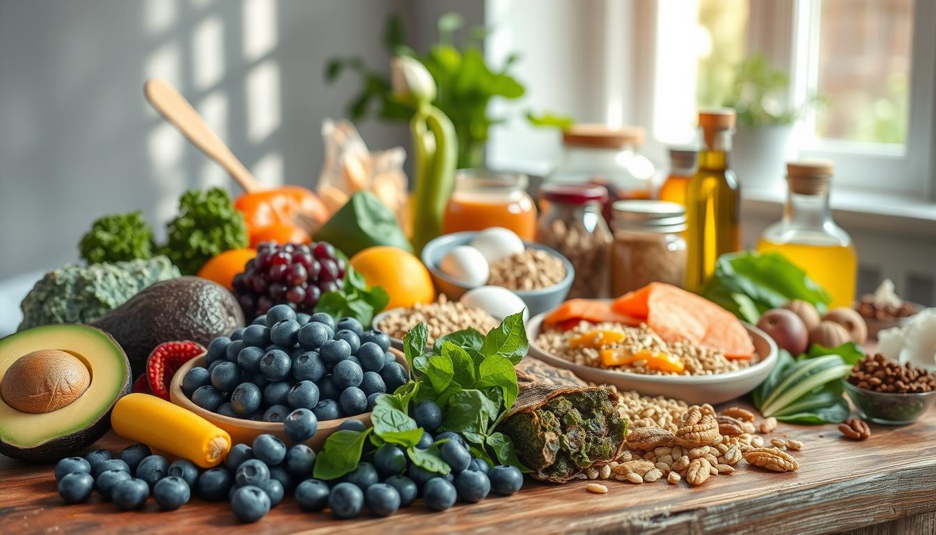 A vibrant and visually appealing still life composition depicting an assortment of brain-nourishing foods arranged on a wooden table. In the foreground, a colorful array of fresh fruits and vegetables, including blueberries, avocados, leafy greens, and whole grains. In the middle ground, various protein sources such as salmon, eggs, and nuts, complemented by jars of honey, olive oil, and other healthy condiments. The background features a calming, natural-light-filled setting, with soft shadows and a hint of greenery visible through a window. The overall mood is one of mindfulness, balance, and a focus on wholesome, brain-boosting ingredients essential for optimal cognitive development.