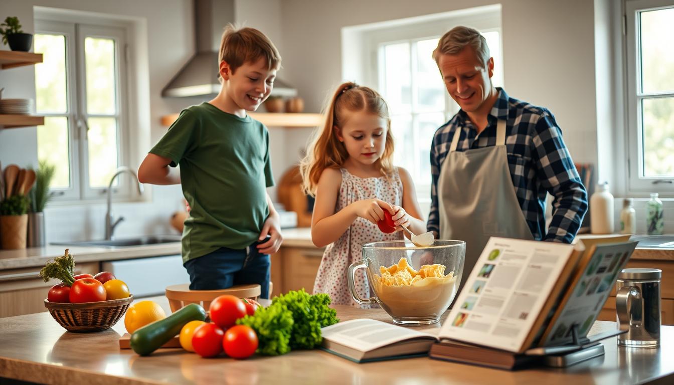 A cozy kitchen with natural lighting streaming through the windows. In the foreground, two young children, a boy and a girl, stand on stools, their faces alight with concentration as they carefully measure and pour ingredients into a mixing bowl. The middle ground showcases an array of fresh produce, a cookbook propped open, and various kitchen utensils, all neatly arranged on the countertop. In the background, a parent observes with a warm, encouraging smile, guiding the children's culinary exploration. The scene conveys a sense of togetherness, discovery, and the joy of shared cooking experiences.