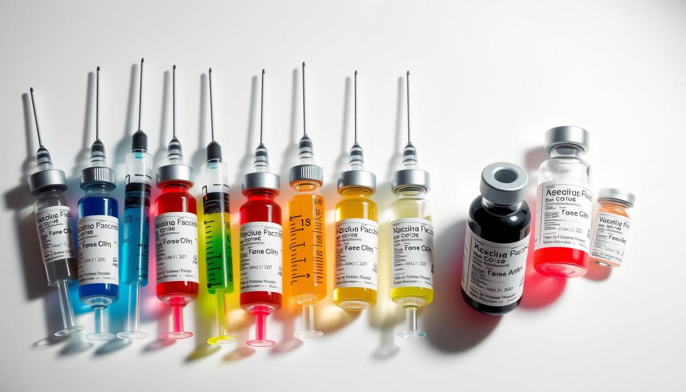 A detailed, realistic visual representation of a standard childhood vaccination schedule, depicting a collection of syringes and vials neatly arranged on a clean, white medical surface. The syringes have various colored liquid contents, indicating different vaccinations. The vials are labeled with the vaccine names, dosages, and age recommendations. Crisp lighting from an overhead source casts subtle shadows, highlighting the textures and details of the medical equipment. The image conveys a sense of order, professionalism, and the importance of following a comprehensive vaccination regimen for childhood health and well-being.