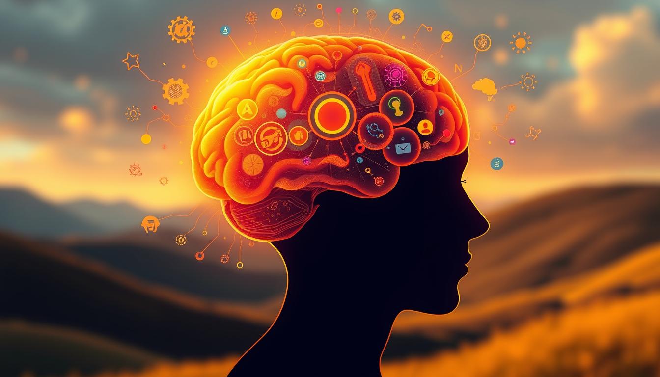 A vibrant, high-resolution illustration of a person's mind actively engaged in learning. In the foreground, a brain pulses with energy, its intricate neural pathways illuminated by a warm, golden light. Surrounding the brain, swirling shapes and symbols represent the flow of information, ideas, and connections. In the middle ground, the person is depicted as a silhouette, their head filled with a kaleidoscope of colors and patterns, symbolizing the active, creative process of learning. The background features a blurred, out-of-focus landscape, creating a sense of depth and emphasizing the internal, mental focus. The overall mood is one of intellectual stimulation, curiosity, and the power of the human mind to grow and evolve.
