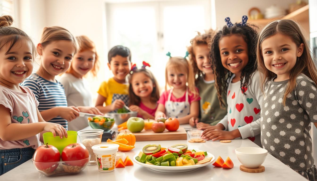 A vibrant, well-lit kitchen scene with a cheerful, diverse group of children enthusiastically preparing a healthy meal. In the foreground, the children are chopping fresh vegetables, mixing ingredients in colorful bowls, and carefully arranging a visually appealing plate of nutrient-rich foods. The middle ground features a clean, modern kitchen counter with various healthy snacks like fresh fruits, yogurt, and whole-grain crackers. In the background, a large window allows natural light to stream in, creating a warm, inviting atmosphere. The children's expressions convey a sense of pride, engagement, and a growing appreciation for nutritious eating habits.