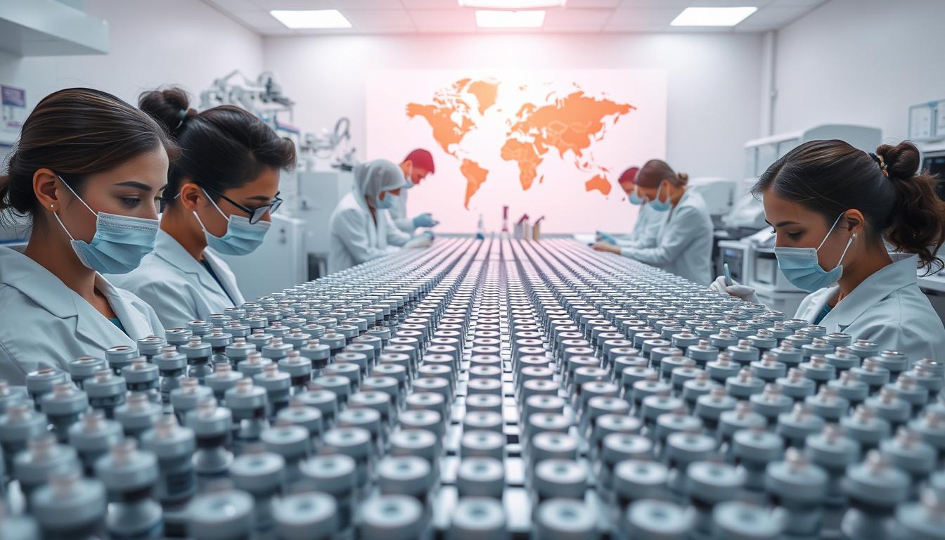 A pristine laboratory setting, filled with rows of meticulously organized vaccine vials, each containing the promise of global disease protection. In the foreground, a team of white-coated scientists diligently work, their faces reflecting the gravity of their mission. The mid-ground showcases an array of cutting-edge medical equipment, while the background depicts a world map, symbolizing the far-reaching impact of these life-saving vaccines. Soft, diffused lighting casts a warm, reassuring glow, conveying the importance and necessity of these vital medical advancements in safeguarding the health of communities worldwide.