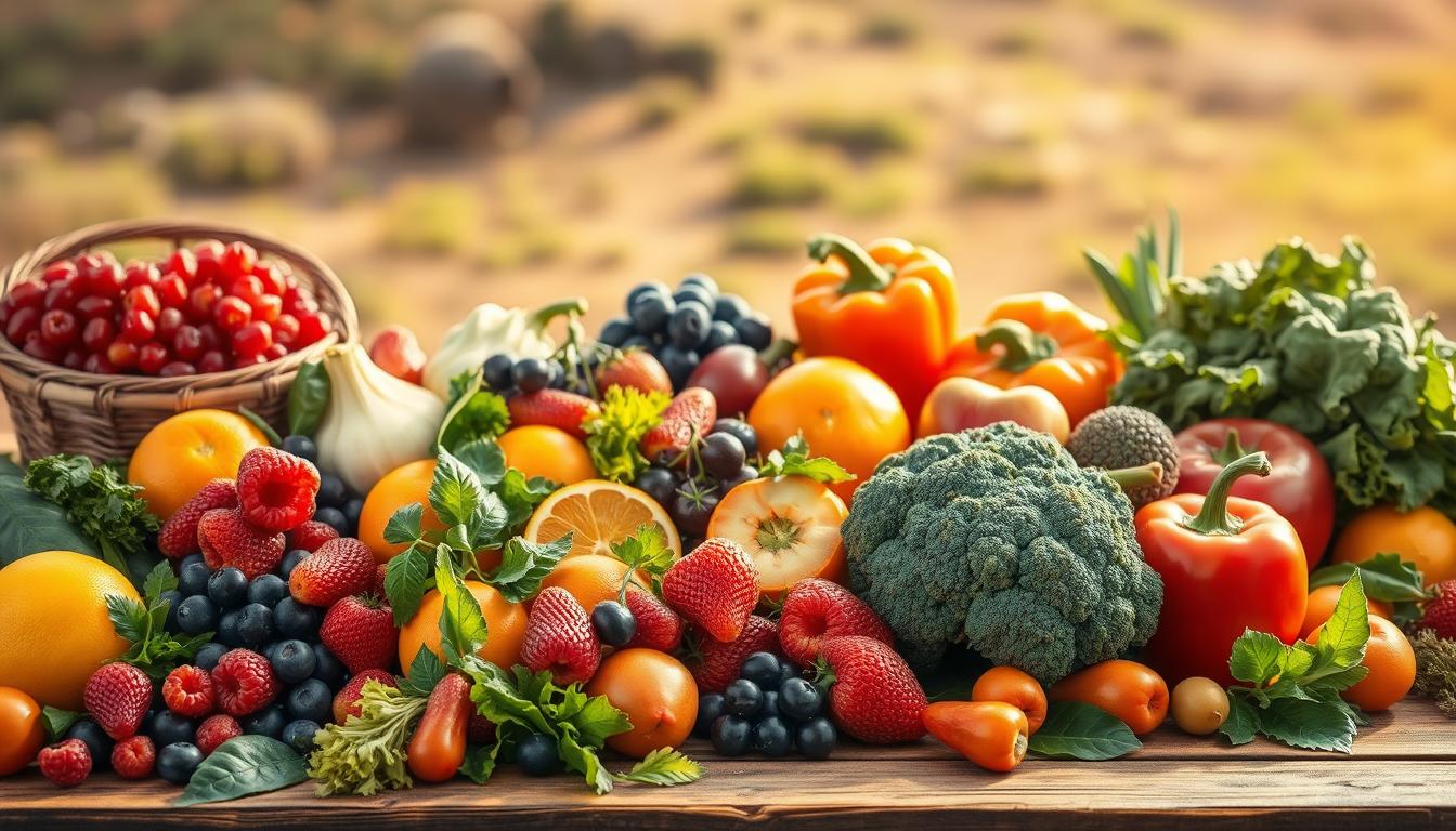 A vibrant still life arrangement featuring a variety of fresh, colorful fruits and vegetables against a softly blurred natural background. In the foreground, a bountiful assortment of berries, leafy greens, citrus fruits, and nutrient-dense veggies like broccoli and bell peppers are artfully displayed on a rustic wooden surface, bathed in warm, natural lighting. The middle ground showcases additional seasonal produce, while the background features a blurred, earthy landscape with hints of greenery. The overall composition conveys a sense of abundance, vitality, and the nourishing qualities of these brain-boosting ingredients.