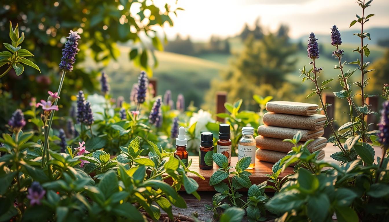 A serene garden setting with lush greenery, herbs, and natural remedies for asthma relief. In the foreground, a variety of soothing plants such as eucalyptus, lavender, and peppermint, their leaves and flowers illuminated by soft, natural lighting. In the middle ground, a stack of natural remedies like essential oils, herbal tinctures, and medicinal teas, arranged neatly on a wooden table. The background features a tranquil landscape with rolling hills, a calming sky, and a sense of peace and harmony. The overall mood is one of natural healing and holistic well-being.