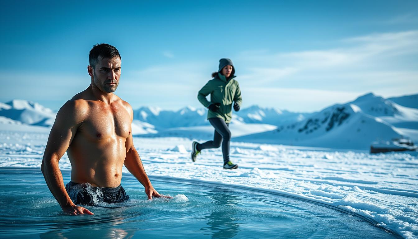 A chilly winter day, two athletic figures stand in a snowy landscape. In the foreground, a swimmer emerges from an icy pool, skin flushed and muscles tense. In the middle ground, a runner strides through the powdery snow, bundled in cold-weather gear. The background is a serene vista of snow-capped peaks, the sky a moody gradient of blues. Crisp, dramatic lighting casts sharp shadows, heightening the contrast between the two activities. The mood is one of exhilaration and endurance, a testament to the body's capacity to adapt and excel even in the harshest conditions.