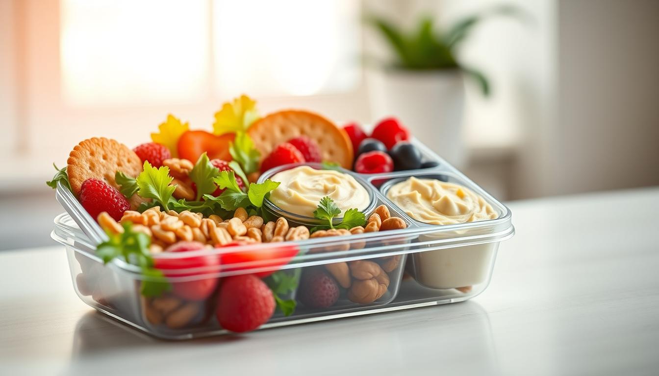 Elegant lunch box showcasing the principles of the Healthy Eating Plate: a vibrant array of fresh, colorful ingredients artfully arranged - crisp greens, juicy berries, crunchy nuts, creamy hummus, and whole grain crackers. Soft diffused lighting from a large window casts a warm, inviting glow. The composition is thoughtfully balanced, with each element complementing the others. The scene exudes a sense of nourishment, wellness, and mindful preparation. Captured from a slightly elevated perspective, with a shallow depth of field to focus the viewer's attention on the appealing details of this nutritious and visually captivating lunchbox.