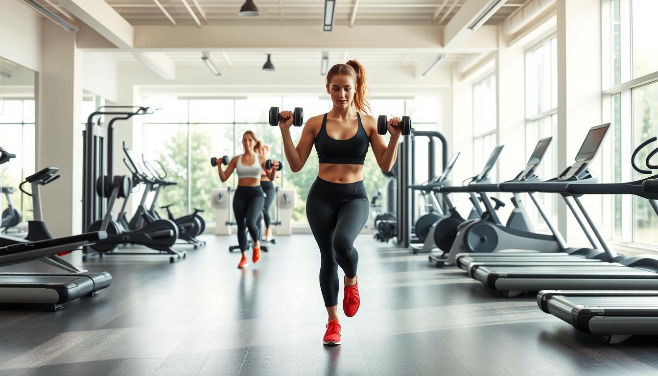 A well-lit, high-resolution image of a gym interior, with a central focus on a woman performing a variety of weight loss exercises. The foreground shows the woman in mid-motion, using dumbbells, doing squats, lunges, and core exercises. The middle ground features various exercise equipment like treadmills, stationary bikes, and weight racks. The background showcases a clean, modern gym environment with large windows allowing natural light to filter in, creating a bright and energetic atmosphere. The overall scene conveys a sense of determination, healthy lifestyle, and effective weight management strategies.