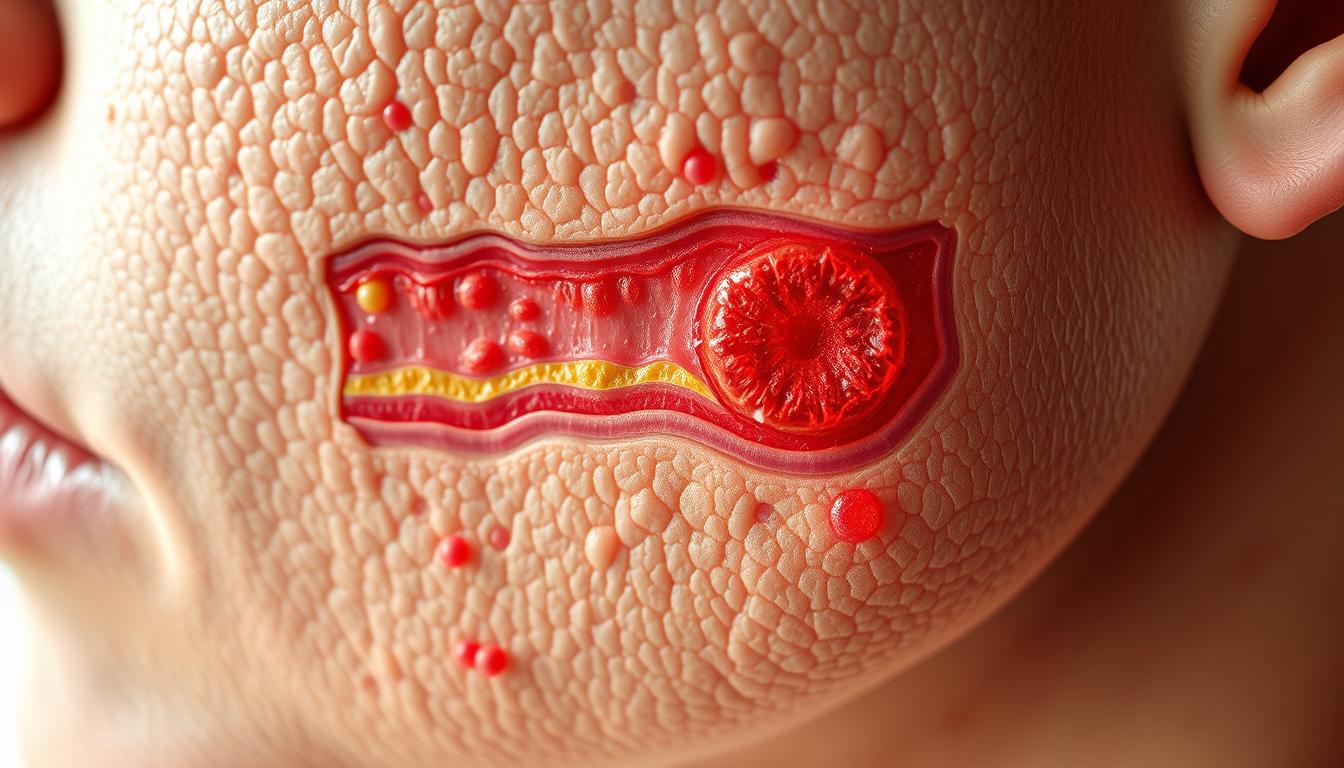 A detailed cross-section view of human skin, showcasing the different layers and structures that contribute to the development of acne. Illuminate the scene with soft, diffuse natural lighting to enhance the textural details. Render the epidermis, dermis, and subcutaneous layers with high fidelity, highlighting the sebaceous glands, hair follicles, and bacteria that can lead to clogged pores and inflamed blemishes. Capture the complexity of the skin's microbiome and the intricate interplay of hormones, oil production, and immune response that can trigger acne breakouts.