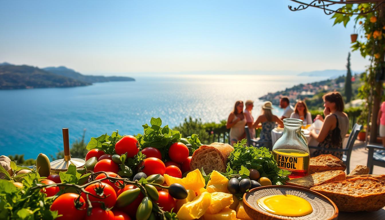 A vibrant, sun-drenched Mediterranean landscape with a bountiful table in the foreground, adorned with a variety of fresh, colorful ingredients - ripe tomatoes, crisp greens, juicy olives, crusty bread, and a drizzle of rich, golden olive oil. In the middle ground, people gather around the table, engaged in lively conversation, sharing the simple pleasures of a communal meal. In the background, the azure waters of the Mediterranean Sea shimmer, with a hazy coastline and rolling hills dotted with cypress trees. The scene is bathed in warm, golden light, evoking a sense of tranquility, joy, and the essence of the Mediterranean lifestyle.