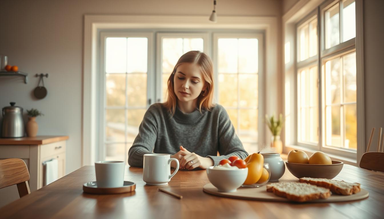 A serene, sun-drenched kitchen interior with a minimalist, Scandinavian-inspired design. In the foreground, a woman sits at a wooden table, contemplating a steaming mug of coffee. Her expression is one of calm focus, reflecting the benefits of intermittent fasting - improved mental clarity, increased energy, and a sense of well-being. The middle ground features a meticulously styled vignette of healthy breakfast options, such as fresh fruits, yogurt, and whole grain toast, conveying the idea of nourishing, fat-burning meals. The background showcases large windows that flood the space with warm, golden light, creating a cozy and inviting atmosphere.