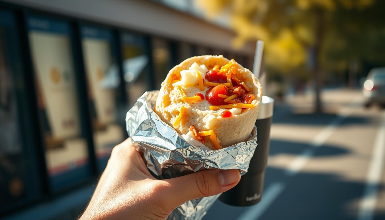 A breakfast burrito wrapped in foil, held in a hand against a blurred urban background. Natural morning sunlight bathes the scene, casting warm shadows. The burrito is made with fluffy scrambled eggs, crispy bacon, melted cheddar cheese, and a drizzle of hot sauce. The person's other hand grips a travel mug of steaming coffee. The overall mood is one of hurried yet nutritious sustenance, perfect for a busy morning commute.
