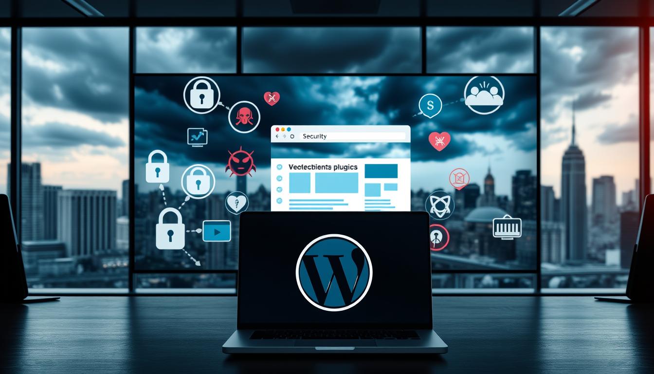 The 7 Most Powerful WordPress Security Plugins 4 A sleek, modern office setting with a large computer monitor displaying various security threat icons. In the foreground, a laptop with a WordPress logo is surrounded by digital padlocks, firewalls, and malware symbols. The middle ground features a stylized web browser window, showcasing vulnerabilities such as outdated plugins and weak passwords. The background depicts a cityscape with dark clouds, suggesting the looming threat of cyber attacks. The lighting is dramatic, with a mix of warm and cool tones, creating a sense of urgency and the need for robust WordPress security measures.