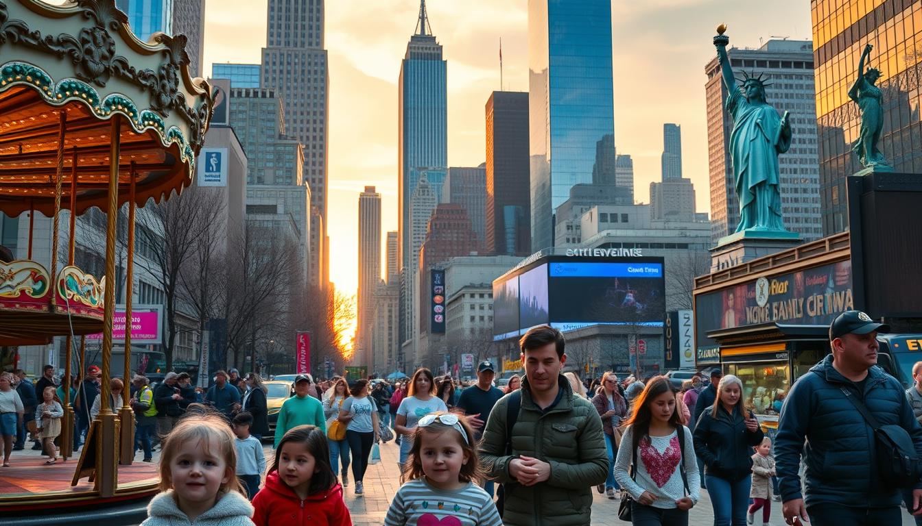 A vibrant and bustling urban landscape, showcasing the family-friendly marvels of New York City. In the foreground, children eagerly explore the iconic landmarks, from the whimsical carousel in Central Park to the towering Statue of Liberty, their faces alight with wonder and delight. The middle ground reveals the bustling streets, with parents guiding their little ones through the lively crowds, past street performers and vendors offering delectable treats. In the background, the iconic skyscrapers of Manhattan reach towards the sky, framed by a warm, golden-hued sunset that casts a serene glow over the entire scene. The atmosphere is one of joy, discovery, and the boundless energy that makes New York City a truly magical destination for families.