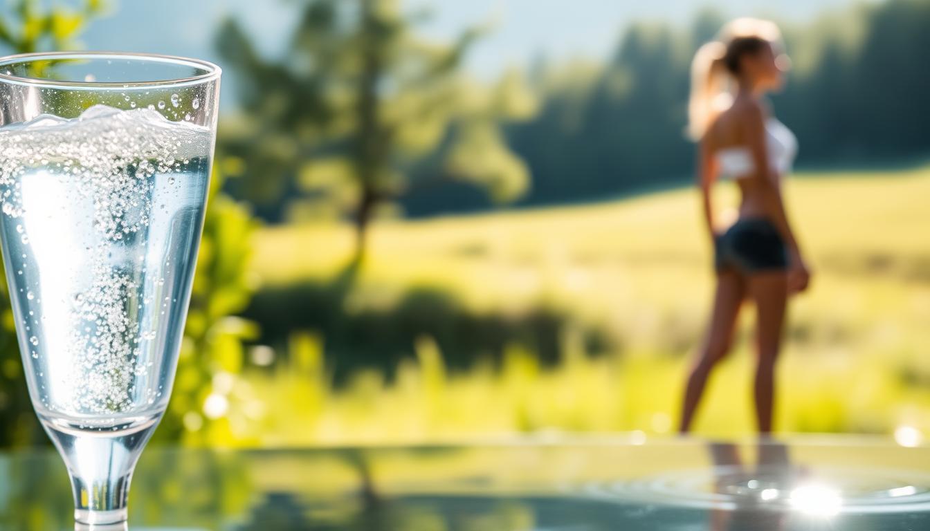A serene, hydro-themed scene showcasing the benefits of hydration for weight loss. In the foreground, a glass of crystal-clear water with condensation beads glistening on its surface, symbolizing the refreshing properties of proper hydration. The middle ground features a person's silhouette, their body gracefully slimming down as they reap the rewards of staying well-hydrated. The background depicts a lush, verdant landscape, with sunlight filtering through the foliage, creating a warm, natural ambiance. The overall composition conveys a sense of balance, vitality, and the holistic advantages of prioritizing hydration in one's weight loss journey.
