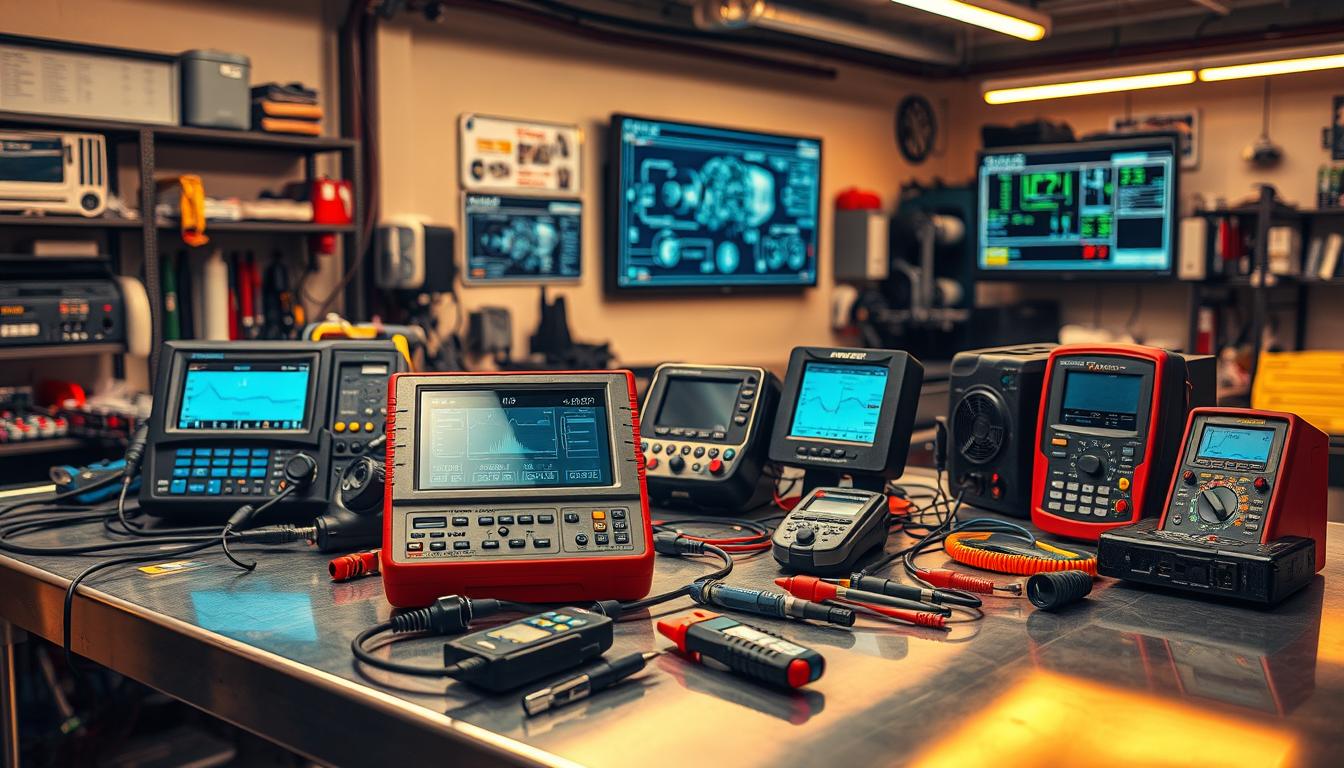 A high-tech automotive diagnostic workstation, bathed in warm, indirect lighting. On the gleaming metal surface, an array of advanced tools and instruments - digital multimeters, OBD2 scanners, vibration analyzers, and more. In the background, a wall-mounted display shows real-time vehicle data, engine schematics, and diagnostic codes. The scene conveys a sense of precision, efficiency, and the evolution of modern automotive maintenance and repair.