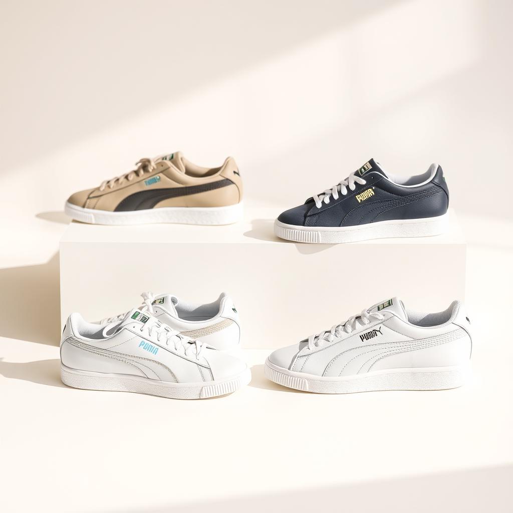 A well-lit, high-resolution photograph of a pair of classic Puma sneakers in both men's and women's sizes, showcased against a clean, minimalist background. The sneakers should be displayed from multiple angles, highlighting their sleek design, comfortable silhouette, and signature Puma branding. The image should capture the versatility and timeless appeal of these daily wear Puma shoes, suitable for a range of casual and semi-formal outfits. Soft, diffused lighting should create a warm, inviting atmosphere, emphasizing the high-quality materials and craftsmanship of the Puma footwear.