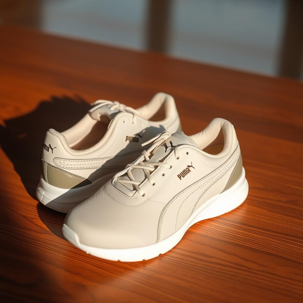 A pair of Puma shoes sitting on a wooden surface, with a soft, cushioned interior visible. The shoes are designed for all-day wear, showcasing Puma's signature style and ergonomic construction. Warm, natural lighting illuminates the scene, highlighting the shoes' sleek, modern design and high-quality materials. The overall atmosphere conveys a sense of comfort, practicality, and durability, reflecting the importance of choosing the right daily wear shoes.