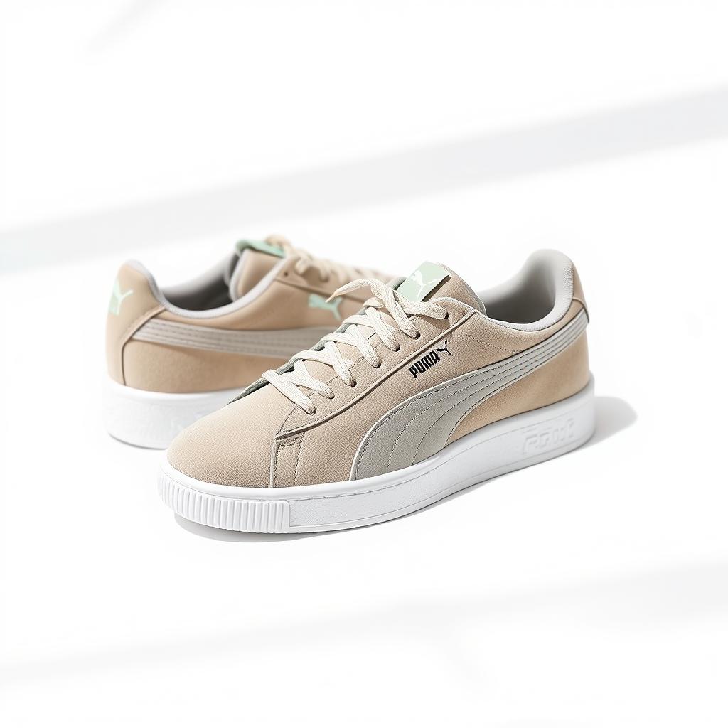 A well-designed pair of Puma sneakers in a neutral colorway, showcased on a clean white background with natural lighting. The shoes feature the iconic Puma logo and a comfortable, supportive sole suitable for all-day wear. The camera captures the shoes from a slightly elevated angle, highlighting the sleek, modern silhouette and attention to detail. The image conveys a sense of sophistication and practicality, reflecting the versatility of these Puma shoes for everyday use.