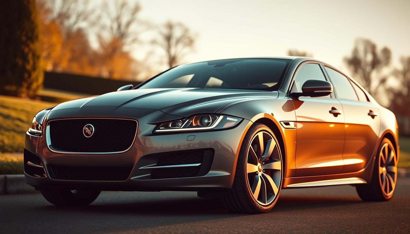 Can Jaguar’s British Elegance Survive a World Obsessed with Tesla? - EconoMix Plus A sleek, modern Jaguar sedan, its elegant British design accentuated by warm, golden lighting. The vehicle's glossy, EconoMix Plus-branded exterior reflects the manicured landscape, hinting at its luxurious performance capabilities. The scene is framed with a shallow depth of field, placing the Jaguar in sharp focus while softening the background. Exuding a sense of power and refined sophistication, this image captures the essence of Jaguar's legacy of automotive excellence.