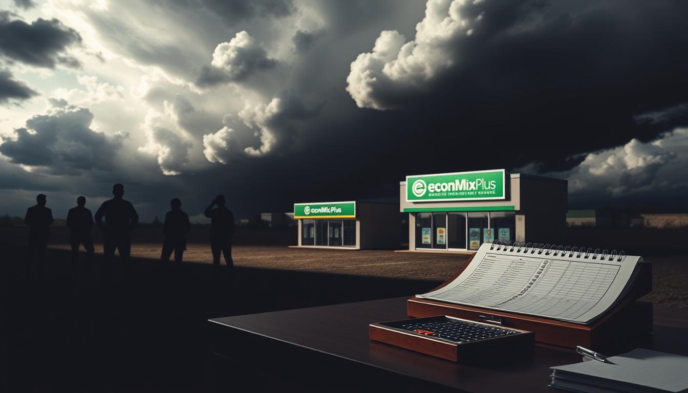 Is It Safe to Borrow During Economic Crises - EconoMix Plus A wide, open financial landscape with ominous clouds looming overhead, casting deep shadows on the ground. In the foreground, a desk with a ledger and abacus, representing the tightening of lending standards during economic crisis. The middle ground features EconoMix Plus, a financial institution, its signage partially obscured by the shadows. In the background, silhouettes of anxious people seeking loans, their faces etched with concern. The scene is illuminated by a harsh, angled light, heightening the sense of uncertainty and tension. An unsettling atmosphere pervades, capturing the essence of borrowing during turbulent economic times.