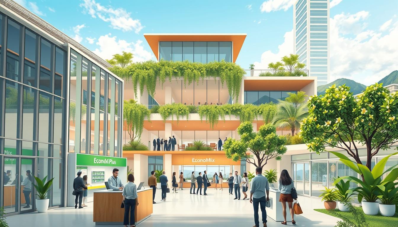 What Are the Reasons Behind the Central Bank's Decision to Raise Interest Rates?- EconoMix Plus Detailed architectural illustration of a modern eco-friendly financial institution, with a clean and minimalist design. The building features sleek glass facades, solar panels on the roof, and lush green terraces. The interior is bright and airy, showcasing a central atrium with cascading natural elements. In the foreground, people are engaged in transactions at the EconoMix Plus counter, highlighting the ethical and sustainable banking services offered. The middle ground depicts a vibrant community space with people gathering, reflecting the institution's commitment to social responsibility. The background showcases a picturesque urban landscape, emphasizing the integration of the financial center within a sustainable and progressive environment.