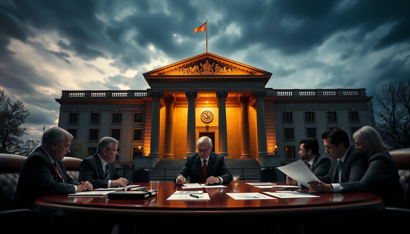 What Are the Reasons Behind the Central Bank's Decision to Raise Interest Rates?- EconoMix Plus A stately central bank facade, illuminated by warm spotlights, stands resolute against a backdrop of a cloudy, tense sky. In the foreground, a panel of serious-faced bankers seated around a polished mahogany table, examining documents and charts as they deliberate the EconoMix Plus interest rate hike. Dramatic shadows and dramatic angles convey the gravity of their decision, the weight of economic responsibility. The scene exudes an air of sober authority, befitting the critical nature of the central bank's actions.