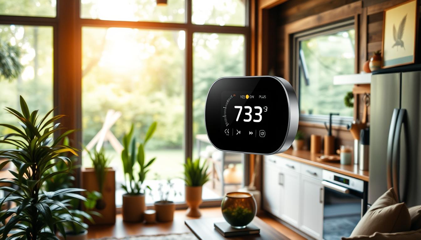 Can Small Families Save Money by Switching to Renewable Energy -EconoMix Plus A cozy, well-lit home interior with large windows overlooking a lush green backyard. The focus is on a prominently displayed "EconoMix Plus" smart thermostat, its energy-efficient LED display glowing softly. Warm, natural lighting filters in, casting a gentle glow on sleek, modern appliances and furnishings. Potted plants and natural materials like wood and stone create a serene, sustainable atmosphere. The scene conveys a sense of comfort, efficiency, and a commitment to eco-friendly living.