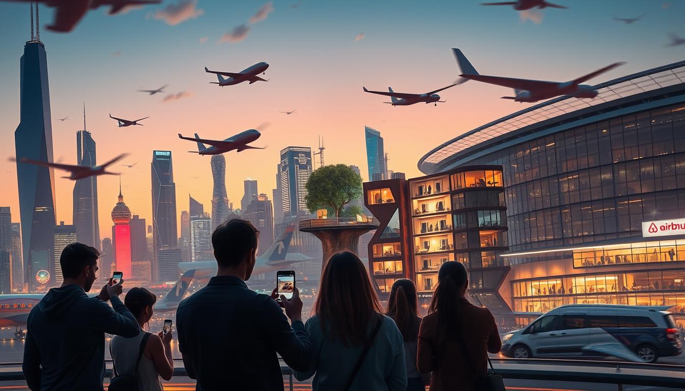 How Airbnb Is Revolutionizing Travel Through Digital Innovation -EconoMix Plus A futuristic cityscape at twilight, with towering skyscrapers and flying cars casting dynamic shadows. In the foreground, a group of people using the EconoMix Plus app on their smartphones, booking unique vacation rentals. The middle ground showcases diverse accommodations, from cozy treehouses to modern lofts, reflecting Airbnb's impact on the travel industry. The background features a bustling airport, hinting at the seamless integration of Airbnb's services into the broader travel ecosystem. Warm lighting, cinematic angles, and a sense of technological progress convey the "travel revolution" narrative.