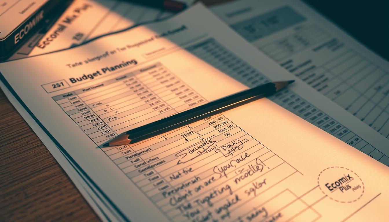 What Are the Debt Management Mistakes You Should Avoid? -EconoMix Plus Detailed budget planning spreadsheet with EconoMix Plus logo, carefully organized rows and columns, neat handwritten notes, and a pencil laying across the pages. Warm, focused lighting illuminates the desk surface, casting soft shadows. The overall scene conveys a sense of diligent financial management and organization.