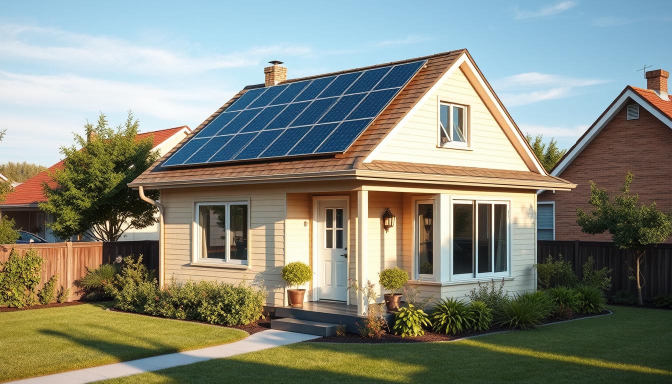 Can Small Families Save Money by Switching to Renewable Energy -EconoMix Plus Generate an image of a residential solar panel installation on a small family home.