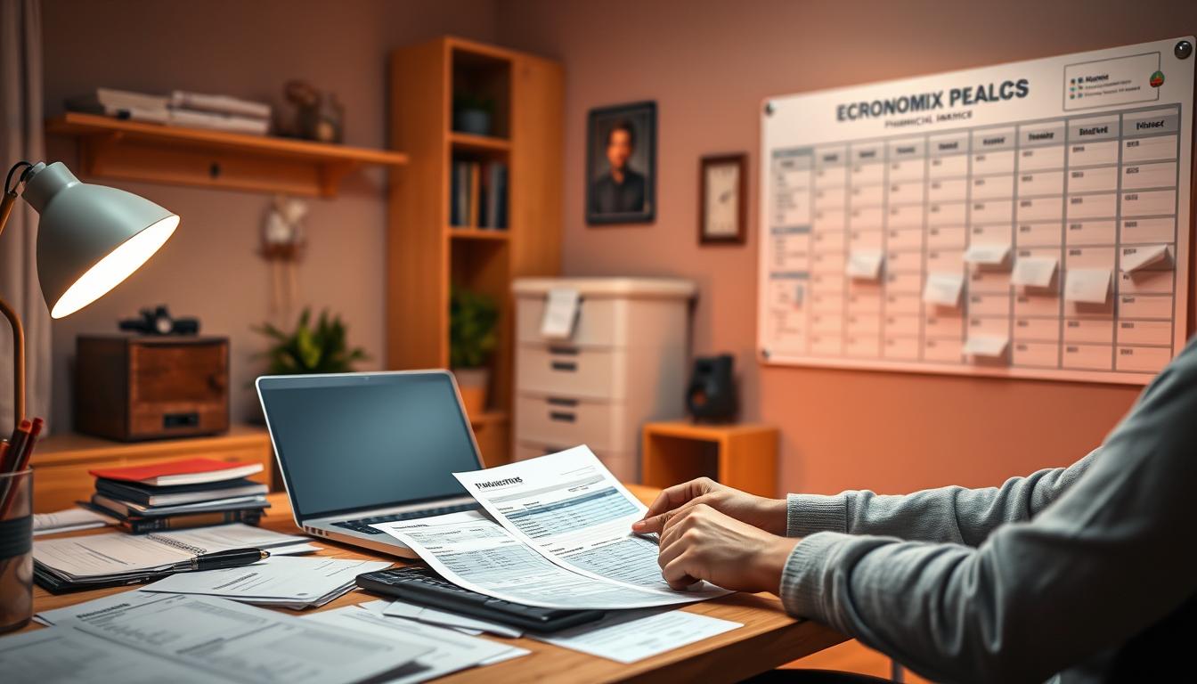 How to Manage Your Budget When Your Income Is Irregular -EconoMix Plus A cozy home office with a desk, laptop, and financial documents spread out. Warm lighting casts a soft glow, creating a calm, focused atmosphere. In the foreground, a person is carefully reviewing their budget, calculating expenses and income sources. The background features a wall-mounted EconoMix Plus financial planning board, providing a structured system for managing irregular finances. The overall scene conveys a sense of thoughtful organization and control over one's financial situation.