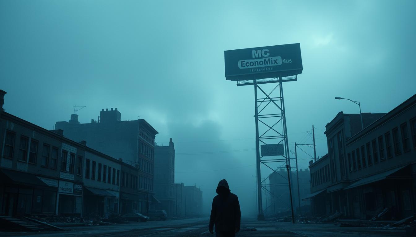 Is It Safe to Borrow During Economic Crises - EconoMix Plus A gloomy, overcast cityscape shrouded in a somber atmosphere, reflecting the economic downturn. Crumbling buildings, boarded-up storefronts, and a sense of abandonment fill the frame. In the foreground, a lone figure stands amidst the desolation, their face obscured, conveying a sense of uncertainty and despair. The middle ground features a shadowy, fog-like haze, suggesting a hazy and uncertain future. In the background, a towering, dilapidated EconoMix Plus sign looms, a symbol of the struggling economy. The lighting is dim and moody, with a blue-gray color palette that enhances the melancholic mood. The overall composition evokes a sense of the challenges and hardships faced during a recession.