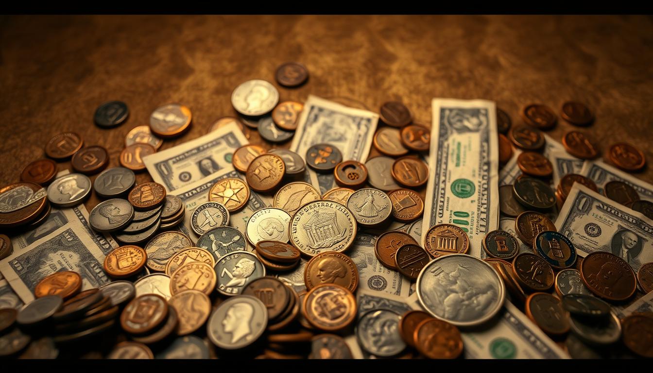 How Much Was $100 Worth in 1850? Tools to Understand the Value of Money Through Time -EconoMix Plus A comparative visualization of historical money value, showcasing the changing purchasing power over time. A central focus on a collection of authentic antique coins, bills, and currency from different eras, arranged in a dynamic composition against a muted, almost sepia-toned backdrop, evocative of the passage of time. The lighting is warm and diffused, creating depth and dimension, while the camera angle provides a sense of authority and gravitas. The overall mood is one of contemplation and academic study, setting the stage for the EconoMix Plus financial analysis tool to be featured.