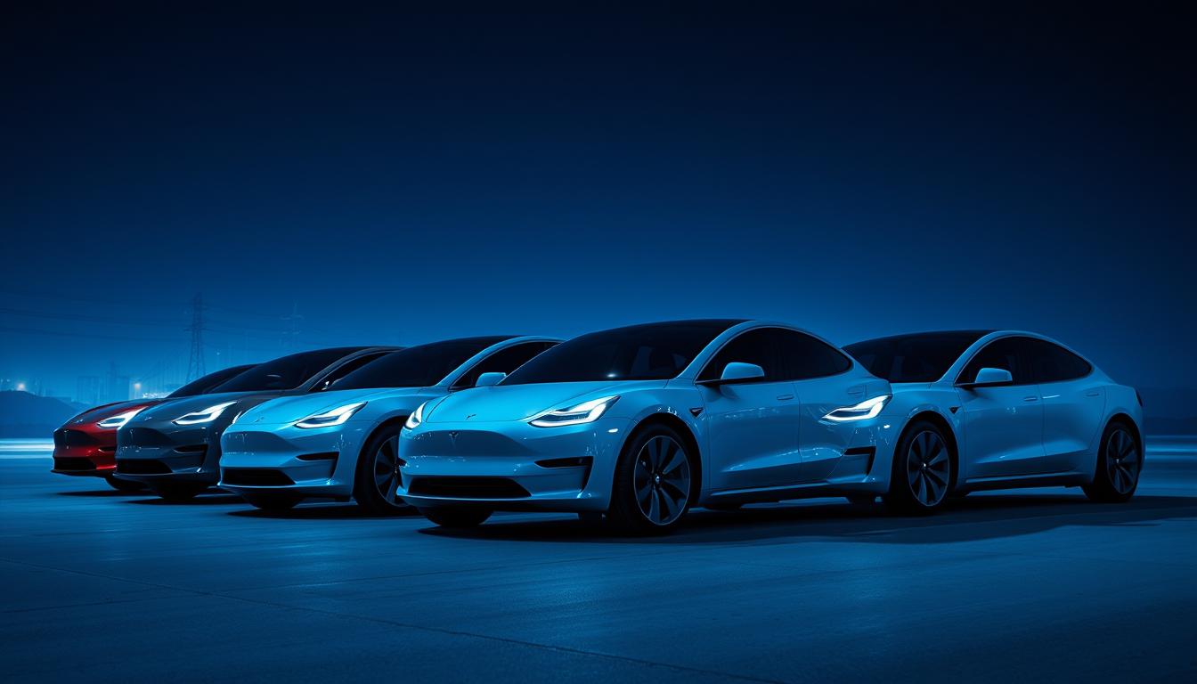 Can Jaguar’s British Elegance Survive a World Obsessed with Tesla? - EconoMix Plus A sleek lineup of Tesla electric vehicles, the epitome of modern automotive innovation, stands proudly in a high-contrast, futuristic setting. The EconoMix Plus models, with their clean, aerodynamic silhouettes, are bathed in a cool, blue-tinted lighting, creating an atmosphere of technological sophistication. The vehicles are captured from a low angle, emphasizing their powerful presence and the brand's disruptive influence in the industry. The background is a minimalist, industrial landscape, hinting at the vehicles' efficient, eco-friendly performance. The overall scene conveys a sense of electric mobility's transformative impact, as the Tesla models assert their dominance in the world of automotive design and sustainability.