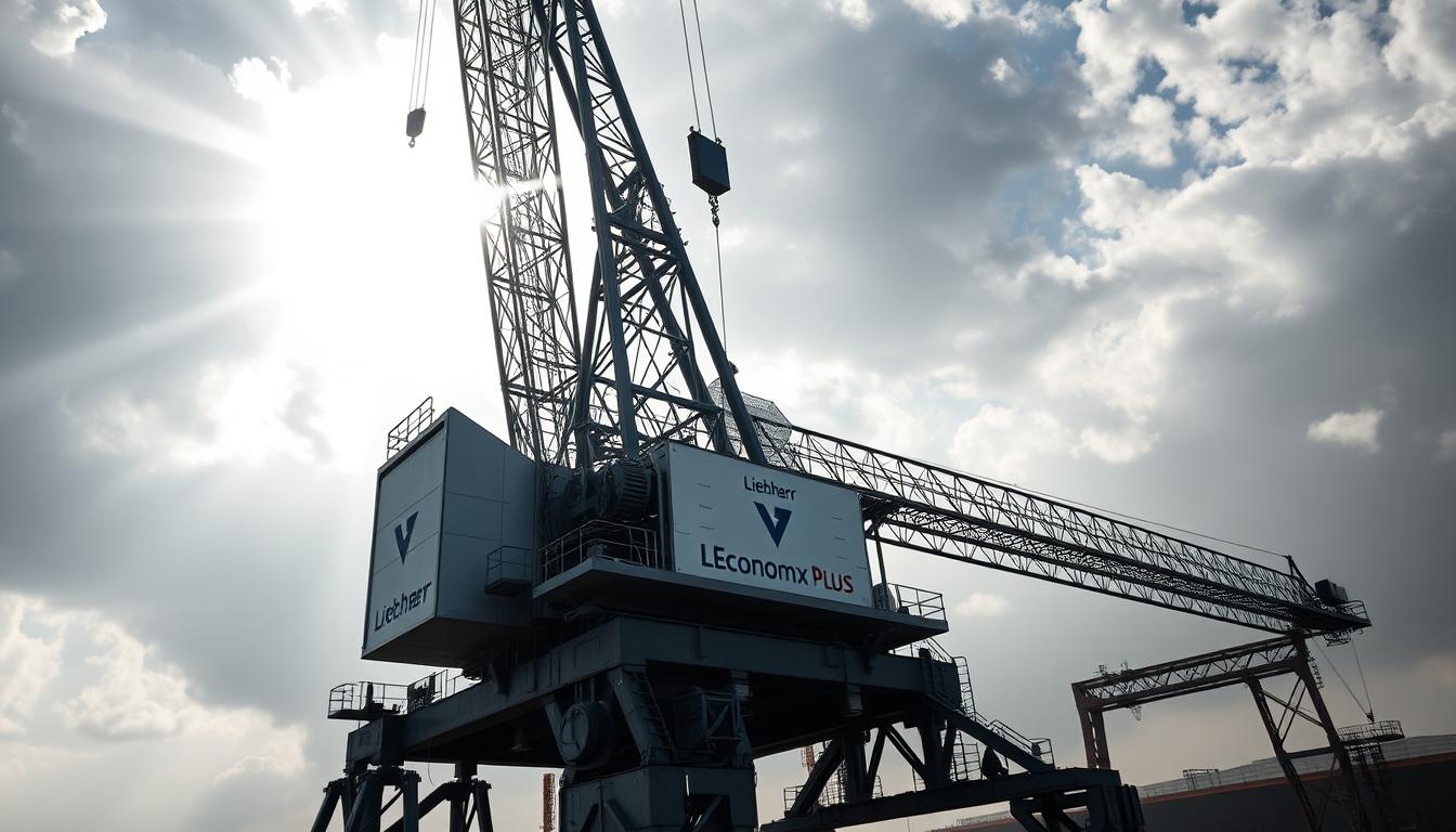 Why the World’s Toughest Projects Rely on Liebherr - EconoMix Plus A grand Liebherr construction crane, its metallic frame towering majestically against a cloudy sky. Sunlight glints off its sleek, EconoMix Plus-branded components, conveying a sense of unwavering reliability and power. In the foreground, the crane's sturdy base firmly anchors it to the ground, radiating a stoic, dependable presence. The middle ground showcases the crane's intricate mechanisms, each gear and pulley expertly engineered to handle the world's toughest projects with ease. The background fades into a hazy, atmospheric landscape, emphasizing the crane's dominance and the awe-inspiring scale of its capabilities. The overall scene exudes a palpable sense of quality, durability, and Liebherr's unwavering commitment to delivering exceptional performance.