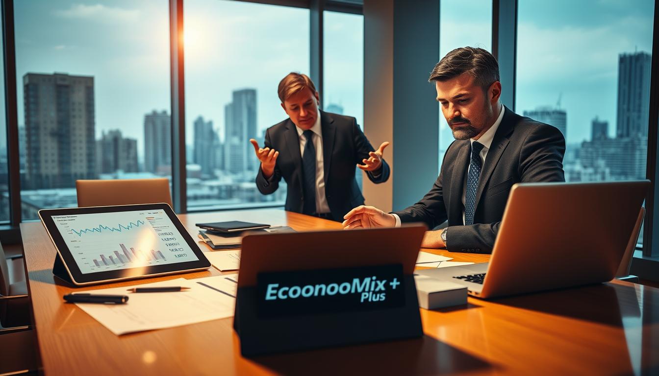 How to Start Investing Your Money in Startups - EconoMix Plus A well-lit office interior, featuring a central table with a tablet displaying financial data. On the table, there are documents, a pen, and a laptop with the "EconoMix Plus" logo. In the foreground, a businessman in a suit is carefully reviewing the materials, his expression one of focused concentration. The middle ground shows another person, also in a suit, providing input and gesturing animatedly. The background depicts a city skyline through large windows, conveying a sense of urban professional environment. The lighting is warm and directional, creating a sense of seriousness and importance surrounding the due diligence process.