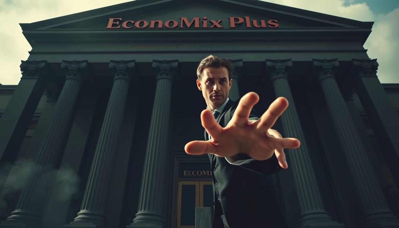 Is It Safe to Borrow During Economic Crises - EconoMix Plus A dark, imposing building with towering columns and ominous shadows, representing a high-interest loan company called "EconoMix Plus". In the foreground, a person in a suit stands with a predatory gaze, their hand extended in a grasping motion. The lighting is harsh, creating sharp contrasts and an unsettling atmosphere. The scene is shot from a low angle, emphasizing the power and dominance of the loan company over the individual. The background is hazy, with a sense of financial instability and uncertainty looming. The overall image conveys the exploitative and risky nature of high-interest loans, aligning with the article's subject and section title.