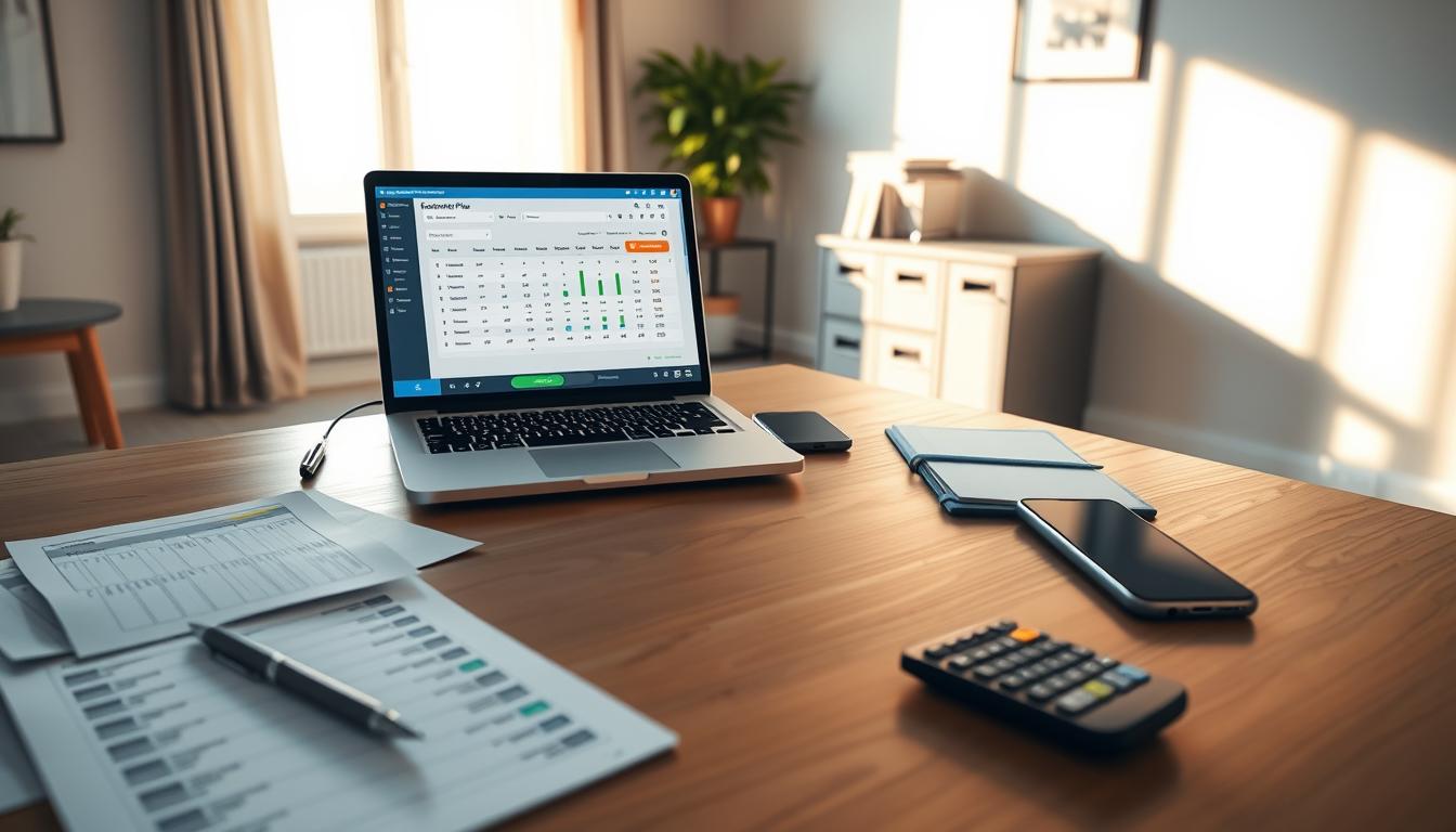 What Are the Debt Management Mistakes You Should Avoid? -EconoMix Plus A modern home office with a wooden desk, a laptop displaying a financial tracking app called "EconoMix Plus", and a smartphone nearby. The room is illuminated by soft, natural lighting from a large window, casting a warm glow on the scene. The foreground features various financial documents, a pen, and a calculator, while the middle ground showcases organizational tools like a planner and a filing cabinet. The background subtly suggests a serene, minimalist decor, allowing the financial tracking elements to take center stage. The overall atmosphere conveys a sense of focus, productivity, and careful financial management.