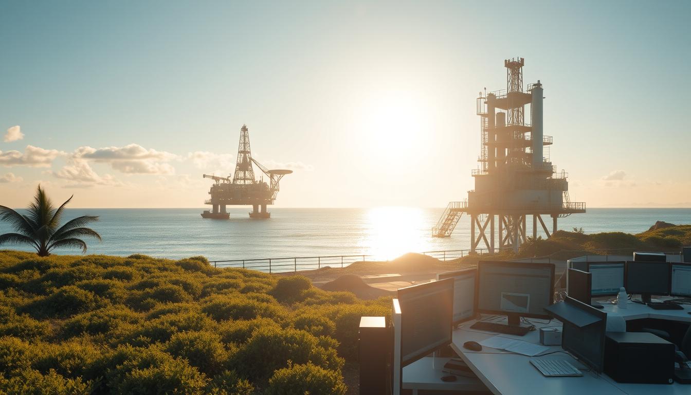 How Norway Turned Oil into Lasting Wealth - EconoMix Plus A serene, oil-rich landscape with a towering offshore platform in the background. In the foreground, a sleek office building labeled "EconoMix Plus" stands as a symbol of the country's sophisticated management of its natural resources. Sunlight filters through large windows, illuminating rows of workstations where analysts pore over financial reports and policy documents. The scene conveys a sense of order, efficiency, and national pride in the responsible stewardship of the nation's oil wealth.