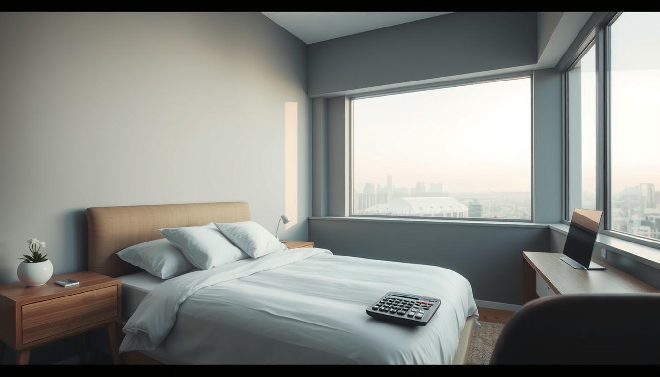 How to Stay Debt-Free After Paying Off Your Loans -EconoMix Plus A tranquil, minimalist bedroom with soft lighting and a sense of openness. The bed is neatly made, with crisp white linens and a single plant on the nightstand. The walls are a calming shade of gray, accented by sleek, modern furniture in natural wood tones. Through the large window, a peaceful urban skyline is visible, hinting at a life free from the burdens of debt. On the desk, an EconoMix Plus calculator sits, symbolizing the newfound financial stability and control. The overall mood is one of serenity, balance, and a fresh start.