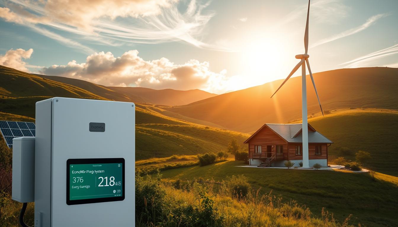 Can Small Families Save Money by Switching to Renewable Energy -EconoMix Plus A serene solar-powered homestead nestled amidst verdant hills. A modern wind turbine stands tall, its blades catching the gentle breeze. In the foreground, the EconoMix Plus system displays energy savings data, showcasing how renewable energy can significantly reduce utility bills for small families. Warm, golden sunlight filters through wispy clouds, creating a sense of tranquility and environmental harmony. The scene conveys the financial and ecological benefits of embracing sustainable energy solutions.