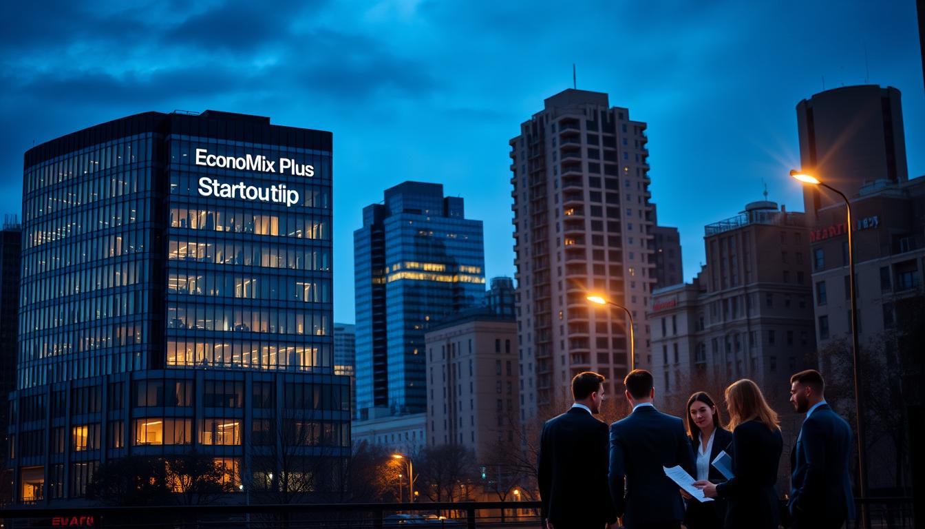 How to Start Investing Your Money in Startups - EconoMix Plus A well-lit, detailed cityscape at dusk, featuring the EconoMix Plus startup office building in the foreground, its sleek modern architecture contrasting with the older buildings in the background. In the middle ground, a group of businesspeople in suits discussing financial documents, conveying the risks and challenges of startup investing. Subtle beams of light from the office windows and streetlamps create a sense of urgency and uncertainty. The overall atmosphere is one of cautious optimism, as the investors navigate the complexities of the startup ecosystem.