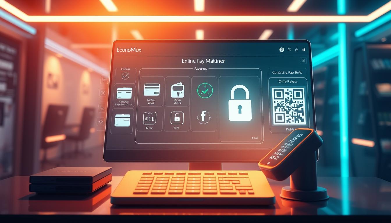 How to Choose the Most Secure Digital Payment Method? - EconoMix Plus A high-definition illustration of secure online payment methods, showcasing the EconoMix Plus digital wallet. The scene depicts a sleek, modern desktop interface with a virtual payment terminal, displaying various encrypted payment options like contactless cards, mobile wallets, and QR code transactions. The interface is bathed in a warm, futuristic glow, with subtle hints of blue and green hues reflecting the secure nature of the platform. The overall atmosphere conveys a sense of technological sophistication and user trust. The image should capture the key elements of the "Digital Wallets and Their Security Protocols" section, highlighting the advanced security features and seamless user experience of the EconoMix Plus digital payment solution.