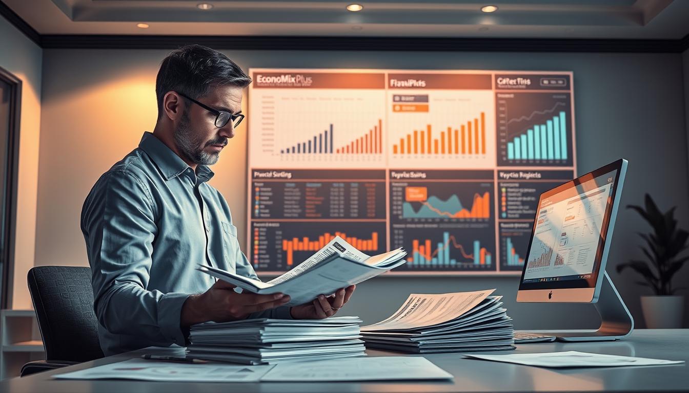 Is This Stock Worth Your Money? A Practical Guide to Evaluating and Choosing the Best Investments - EconoMix Plus A high-resolution, hyper-realistic illustration of a comprehensive financial statement analysis. In the foreground, a professional-looking analyst examines a stack of detailed reports, their face illuminated by the glow of a computer screen displaying complex charts and graphs. In the middle ground, a large EconoMix Plus branded financial dashboard projects a wealth of data visualizations, infographics, and key performance indicators. The background depicts a modern, minimalist office environment with clean lines, neutral tones, and strategic lighting to create a sense of focus and deliberation. The overall atmosphere conveys a meticulous, data-driven approach to evaluating a company's financial health and investment potential.